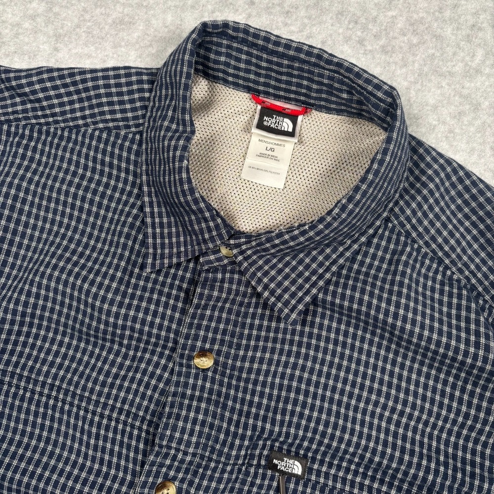 The North Face Mens Large Plaid Button Up Shirt Navy Blue Outdoor Hiking Cotton